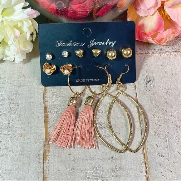 New Fashion Earrings 6 Pack Gold & Pink Post & Stud / Hoop Earring Set - Picture 5 of 6